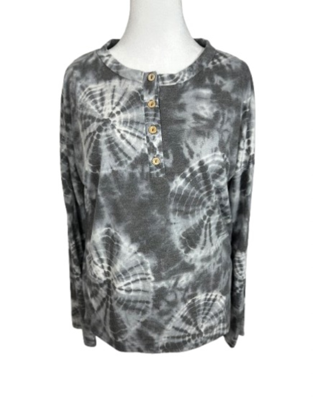 Together Gray Tie-Dye Henley Long Sleeve Top Size L